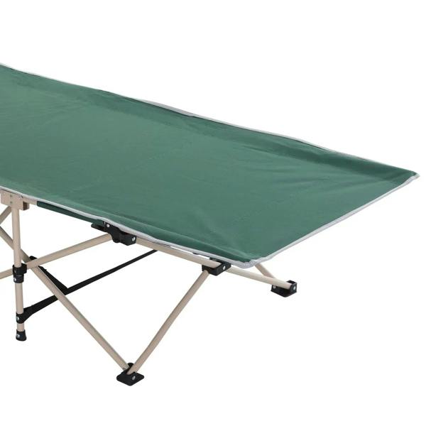 Green cot mattress with black end caps and non-slip feet on steel frame