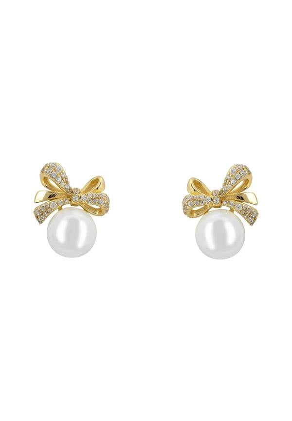 Pearl and gold bow stud earrings.