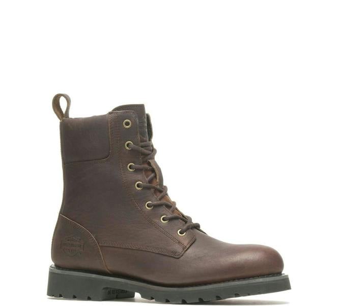 Harley-Davidson Gilford CE Mens Zip Up Riding Biker Ankle Boots, brown leather motorcycle boots with laces and a rugged sole.