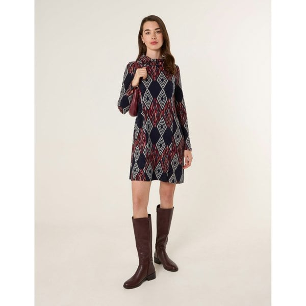 Blue Vanilla Printed Draped Cowl Neck Long Sleeve Dress
