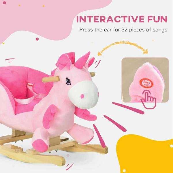 Pink unicorn rocking horse ride-on with plush mane and interactive ear button