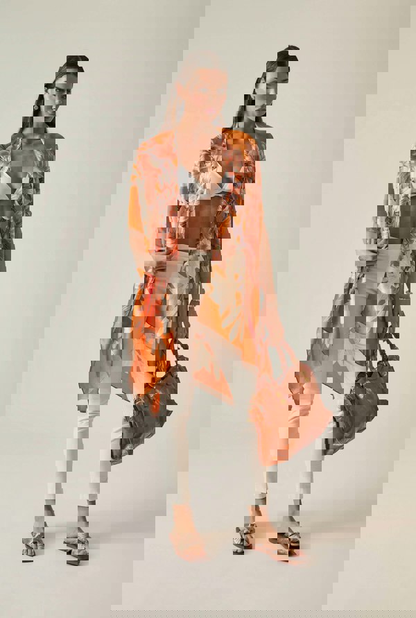Vibrant orange floral print kaftan, relaxed fit