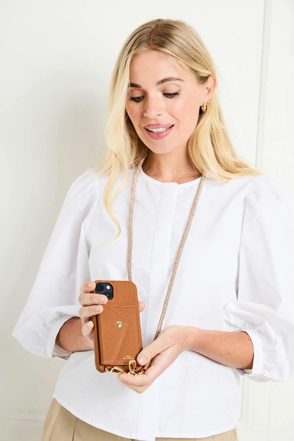Elie Beaumont Genuine Leather iPhone Case - Azalea - Champagne Diamante Lanyard
