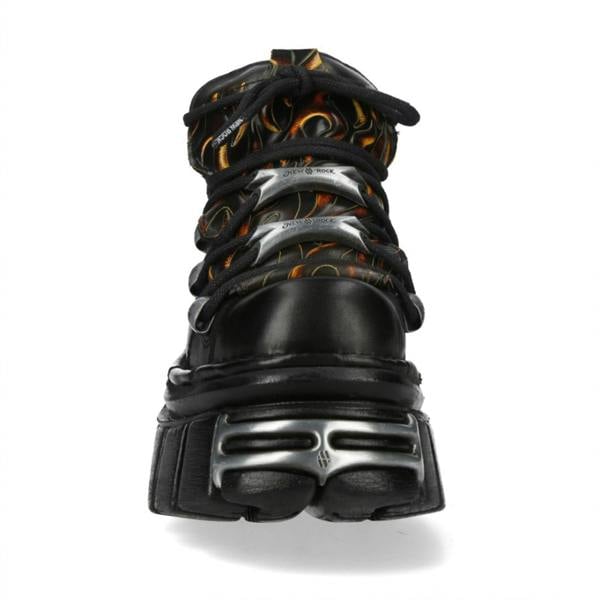 New Rock M-106N-C86 Black Flame Leather Gothic Ankle Platform Boots