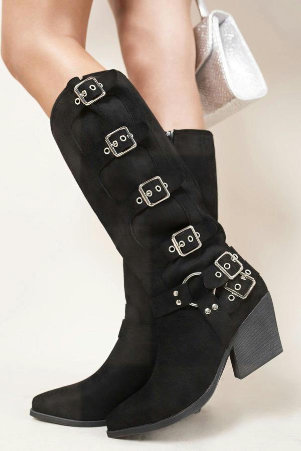 Ornella Block Heel Knee High Boots With Buckle Strap Detail - Black