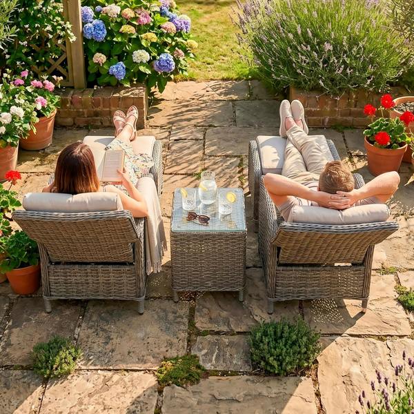 Dellonda Chester Rattan Wicker Outdoor Recliner Seat & Coffee Table Set, Brown - DG68