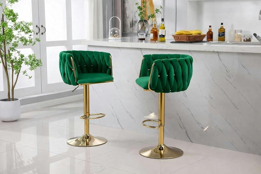 HYGRAD BUILT TO SURVIVE Velvet Swivel Bar Stools with Gold Base – Set of 2 | HYGRAD®