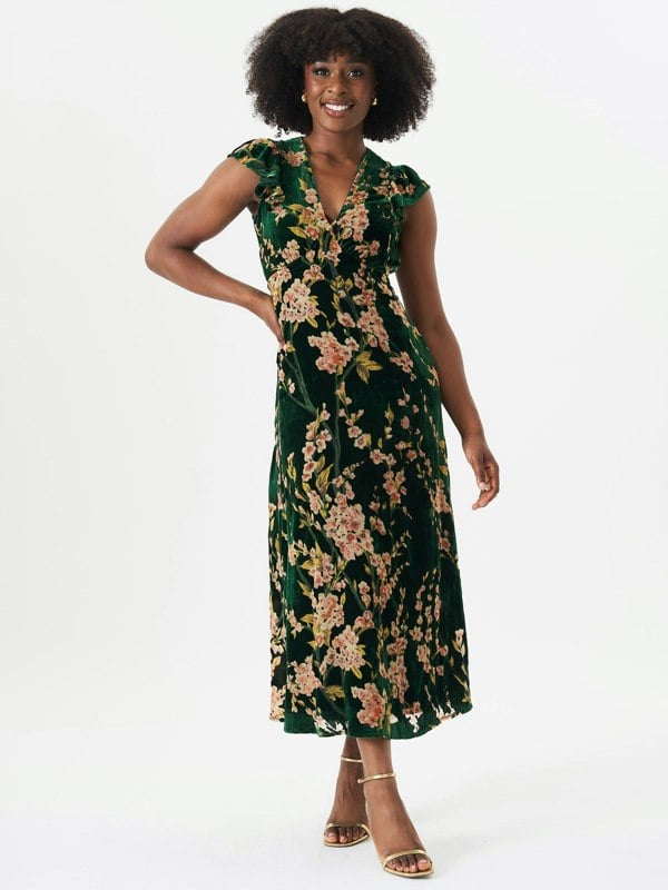Gini London Green Floral Devore Ruffle V Neck Midaxi Dress