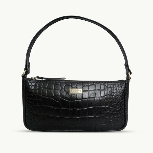 Assots London 'ZARA' Black Croc Real Leather Baguette Shoulder Bag