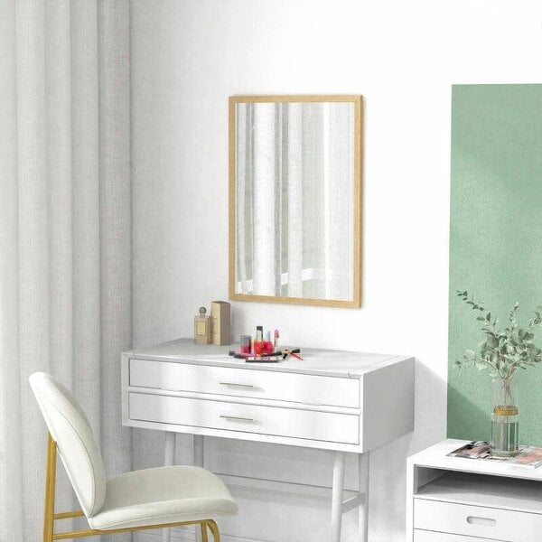 Bobobiy Wall Bathroom Mirror, 70 x 50 cm Wall-Mounted Mirror for Living Room, Bedroom, Hallway, Natural Wood