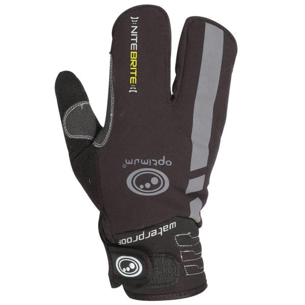 Black three-finger lobster cycling glove, back view with reflective stripe and NiteBrite logo, on white - Optimum