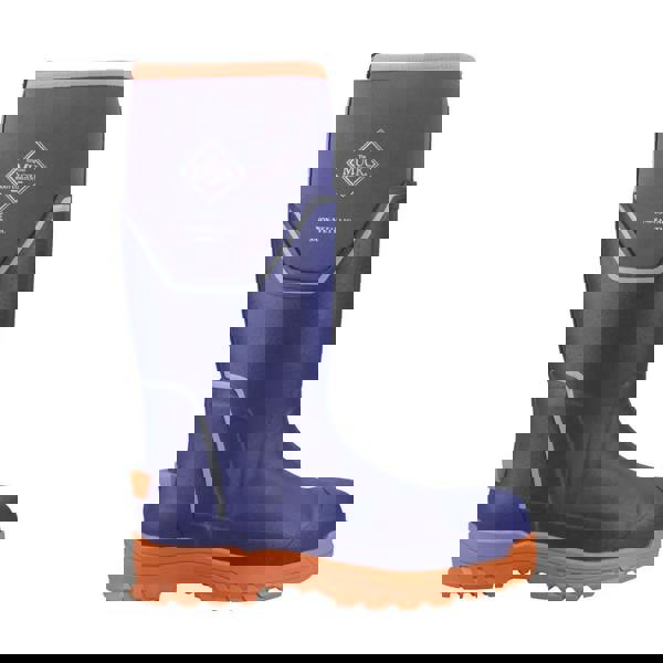 Muck Boots MUCK Boots GRIT S5 Mens Tall Safety Composite Toe/Midsole Wellie, blue rubber safety boot with orange sole and accents, featuring non-metallic safety design for durable protection in rugged environments.