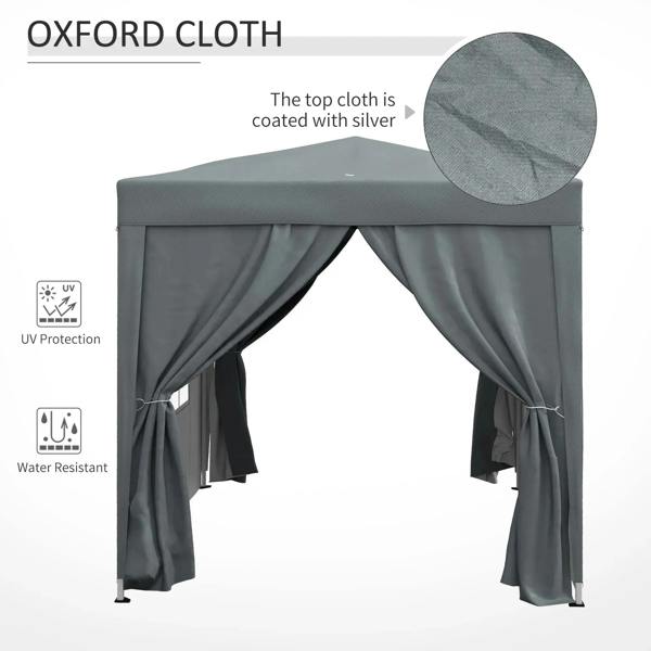 Grey pop-up gazebo party tent with peaked canopy top and draped front curtains