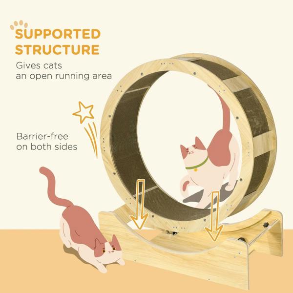 Cat exercise wheel with open running area, oak frame, and grey corrugated pads