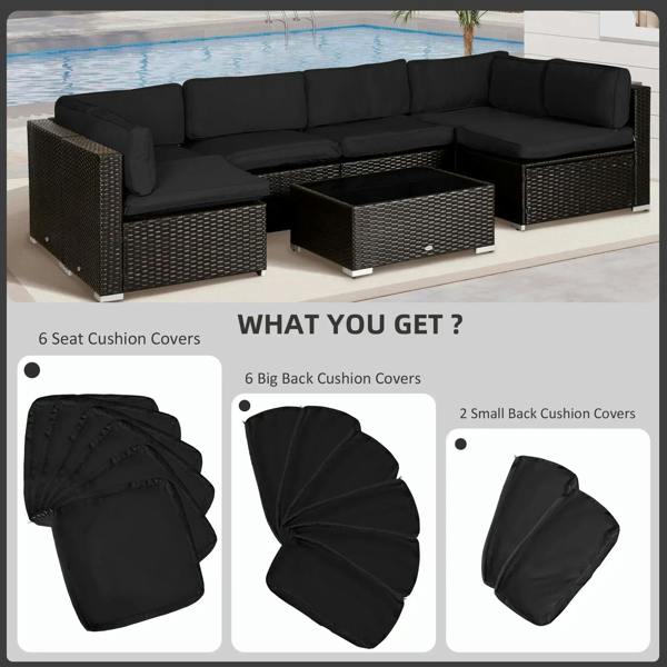 Black rattan sofa cushion cover set with several back and seat cover shapes