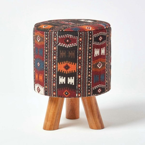 HOMESCAPES Tall Kilim Footstool with Wooden Legs - 32 x 32 x 42 cm