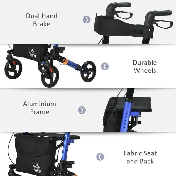Blue rollator walker with dual hand brakes, durable wheels, and fabric seat and back