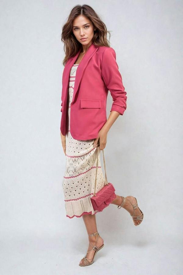 Valerie Ruched Sleeve Open Front Blazer Jacket With Front Pockets - Fuschia