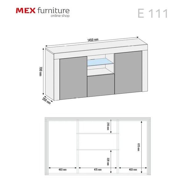 Mex Furniture Modern 145cm TV Unit, Cabinet Stand & Sideboard with Grey Gloss Doors & Free LED