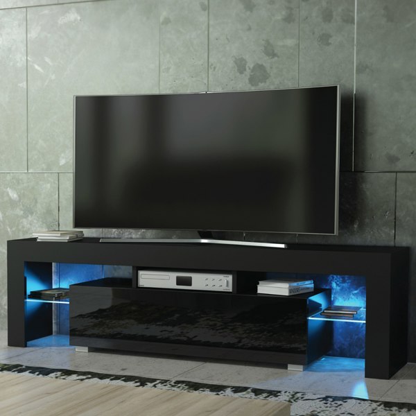 Mex Furniture 160cm TV Unit – Modern TV Stand Cabinet with Black High Gloss and Free LED