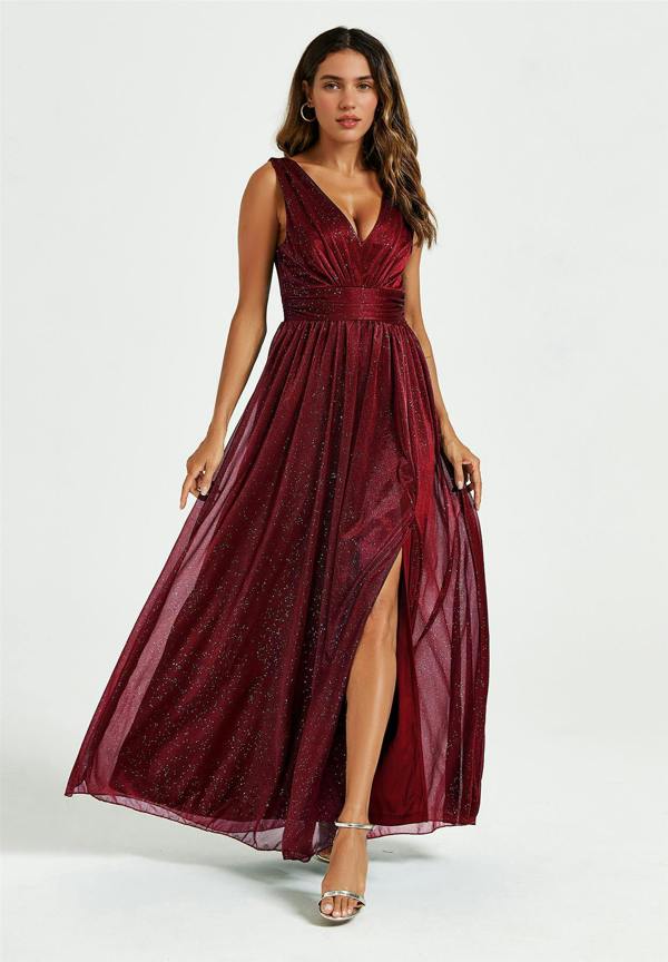 FS Collection Sparkly V Neck Bridesmaid Maxi Dress In Burgundy