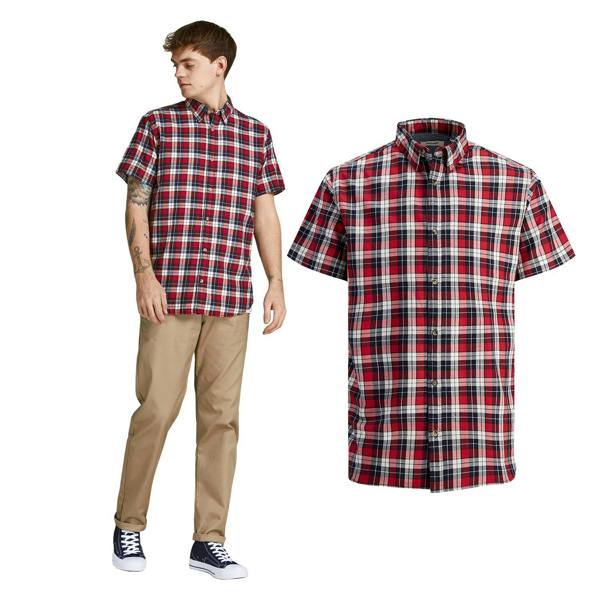 Jack & Jones Mens Red Checked Shirt Cotton Short Sleeve Casual Size S