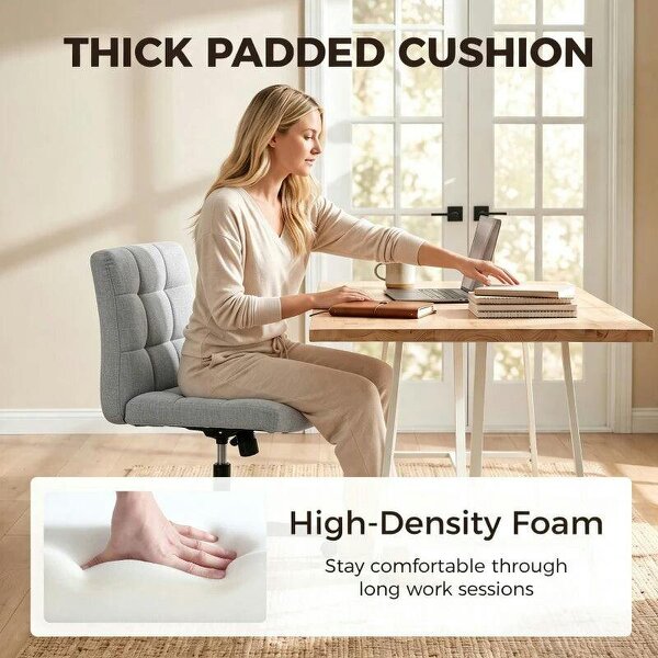 Armless Office Chair, Cross Legged Linen Computer Desk Vanity Chair with Wide Seat, Rocking Function, Grey