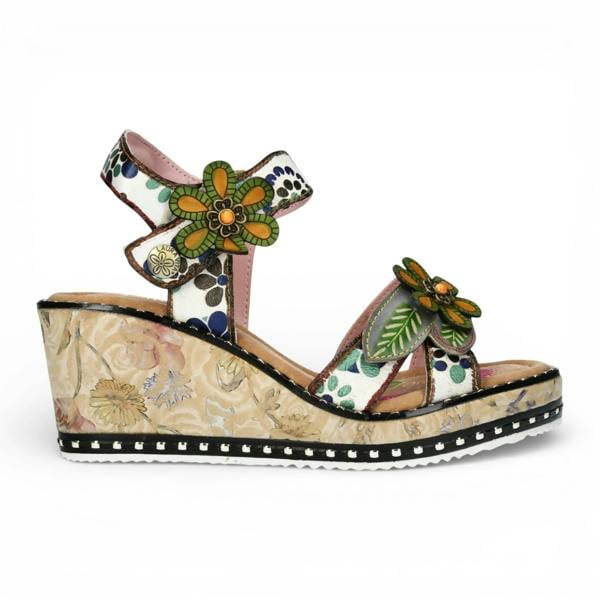 Laura Vita Ballon 08 - Women's Beige Floral Leather Wedge Sandals