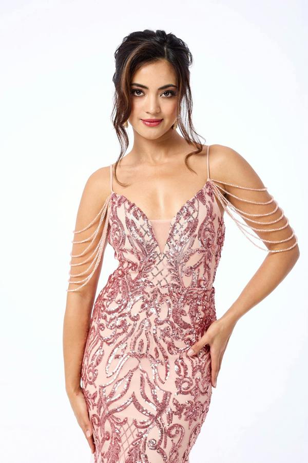 LuvForever Enora - Pink Jewelled Shoulder Sequin Maxi Dress