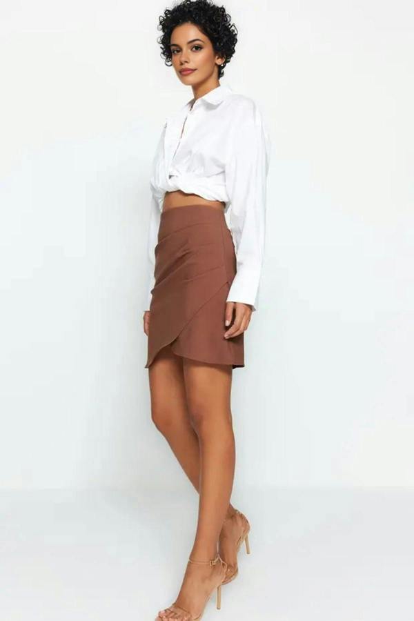 WOVCOR Double-Breasted Mini Woven Skirt with Front Gathering Detail