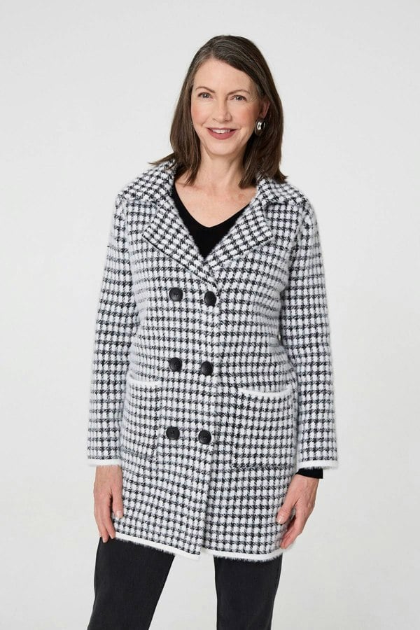 Black | Check Button Front Longline Knit Coat
