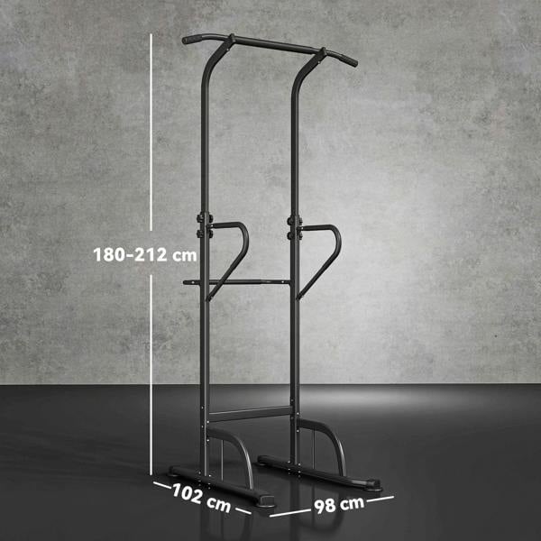 Black power tower dip station with adjustable height frame and stable base
