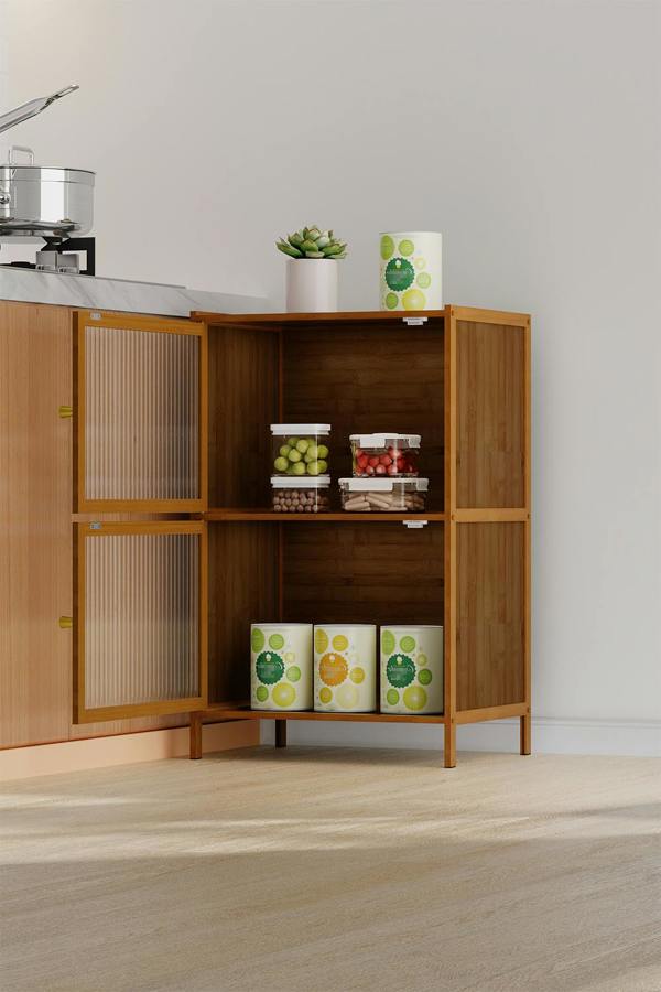 Living and Home Versatile 2-Tier Bamboo Storage Cabinet Bookcase Bookshelf Storage Rack w/ Doors