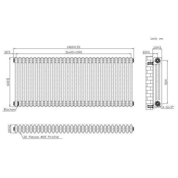Monstershop Traditional 3 Column Radiator - 600 x 1460mm - Raw Metal