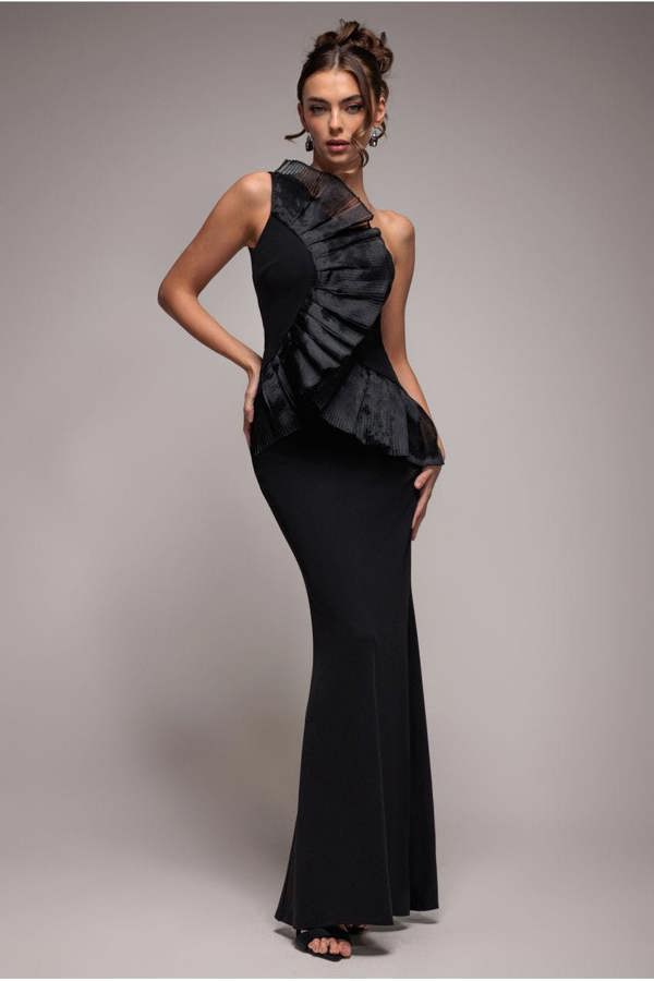 One Shoulder Pleated Fan Maxi Dress - Black DR4075