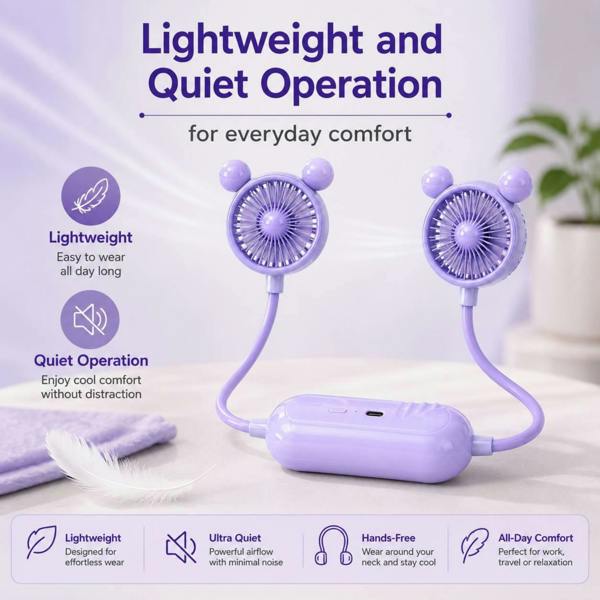 Dyzi Portable Neck Fan USB Rechargeable 3 Speed Purple