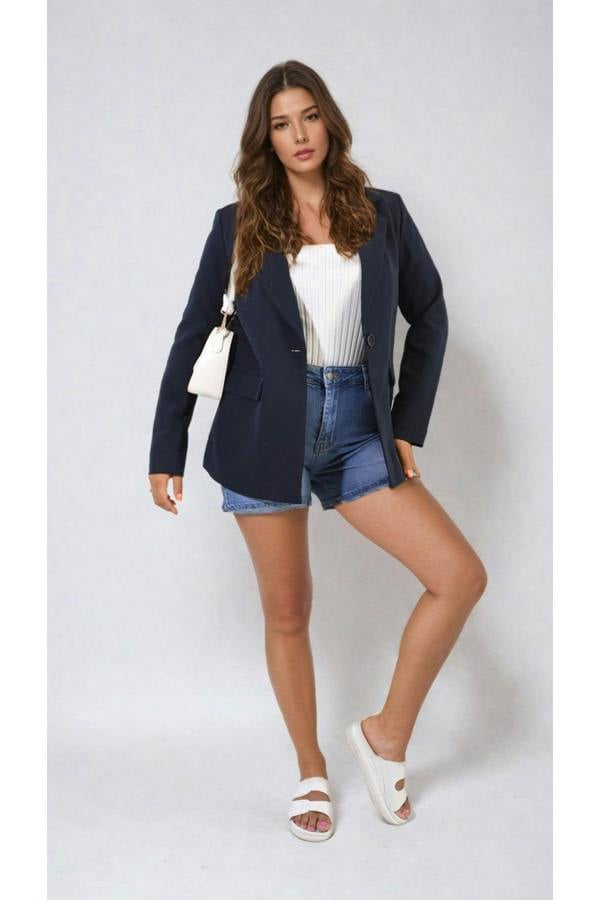 Jemma Open Front Oversized Casual Blazer - Navy