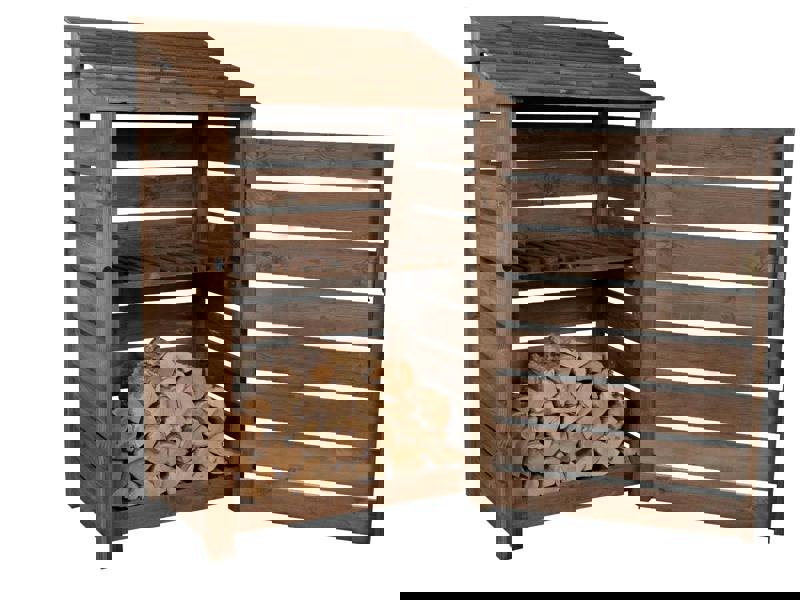 Arbor Garden Solutions Slatted Wooden Log Store with Door and Shelf W-119cm, H-126cm or 180cm, D-88cm - Brown Finish
