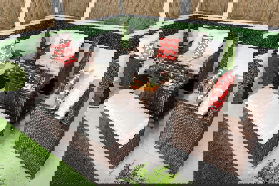 Giardino Sydney Loveseat Sofa Rattan Garden Furniture Outdoor Lounge Set with Arm Chairs, Fire Pit Coffee Table & Bench