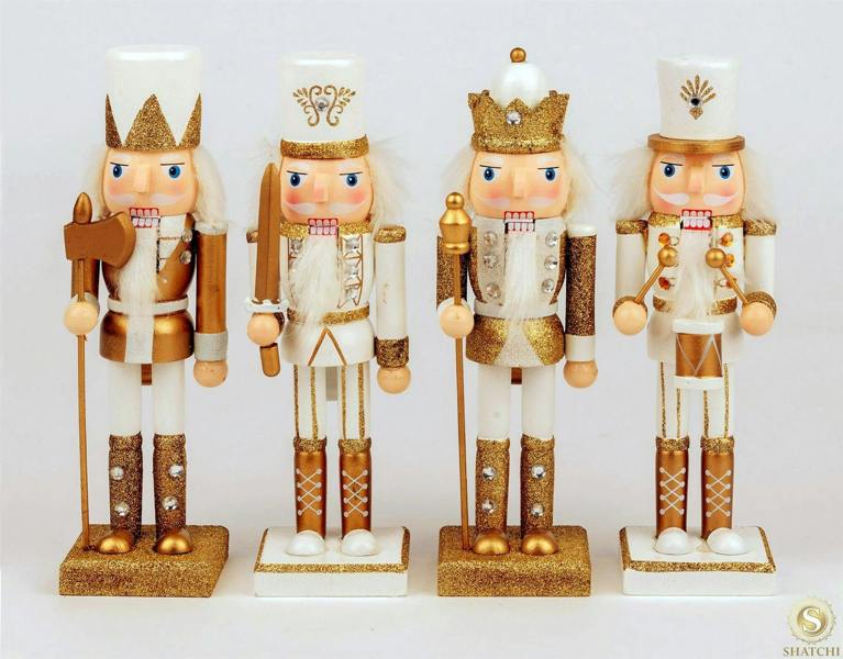 25cm Wooden Nutcracker Soldier Christmas Ornament Set of 4, Gold Hand-Painted Standing Decorations image 8