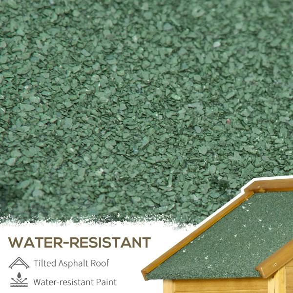 Green-topped asphalt roof panel on a natural wood shed cabinet
