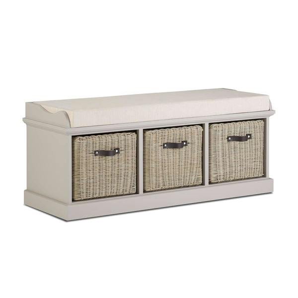 Statement Furniture Tetbury Bench with 3 Brown Rattan Storage Baskets and Cushion Seat