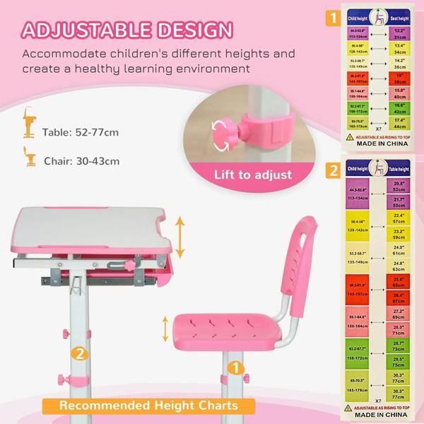 Pink adjustable kids desk and chair set with lift mechanism to change heights