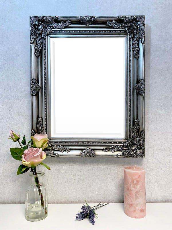 Downton Interiors Antique Silver Wood Frame Wall Mirror with Bevelled Glass 53cm x 43cm