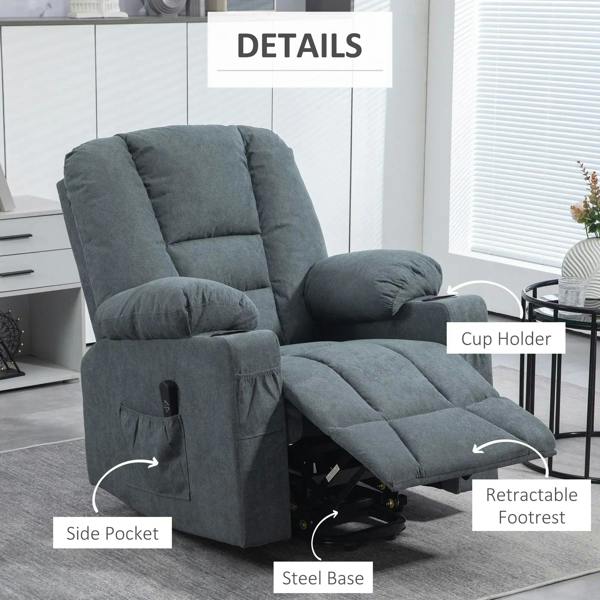 Grey lift recliner chair with side pocket, cup holder, and visible steel base