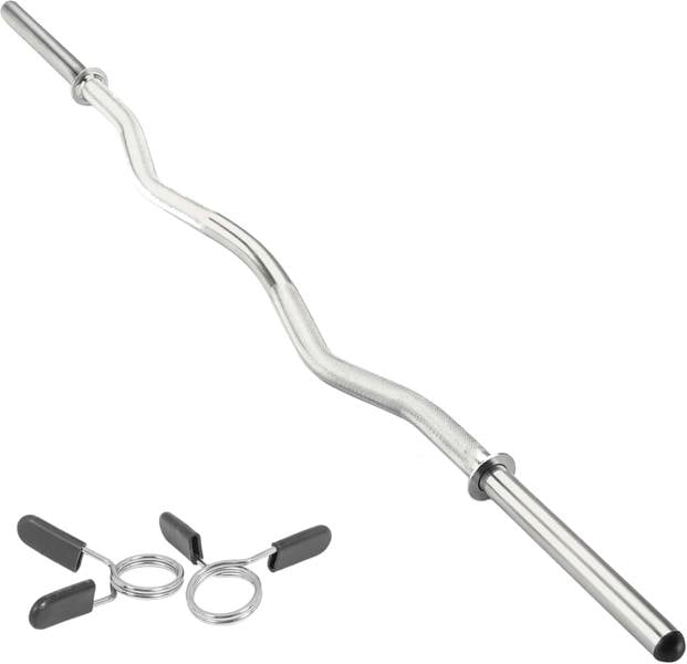 Body Revolution 1.2m EZ barbell bar with a sleek silver finish, featuring a curved design and included spring collars for secure weight attachment
