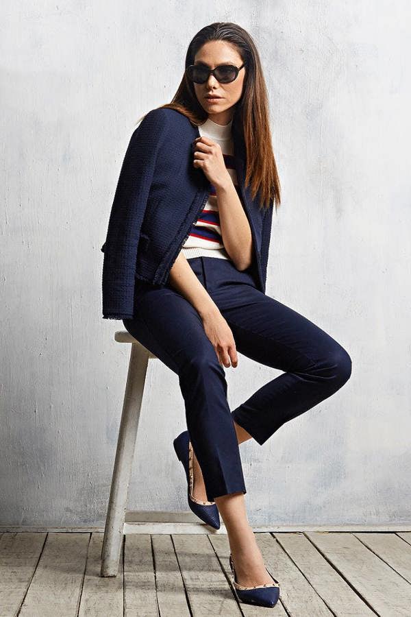 Rumour London Gabrielle navy tweed jacket with fringing detail