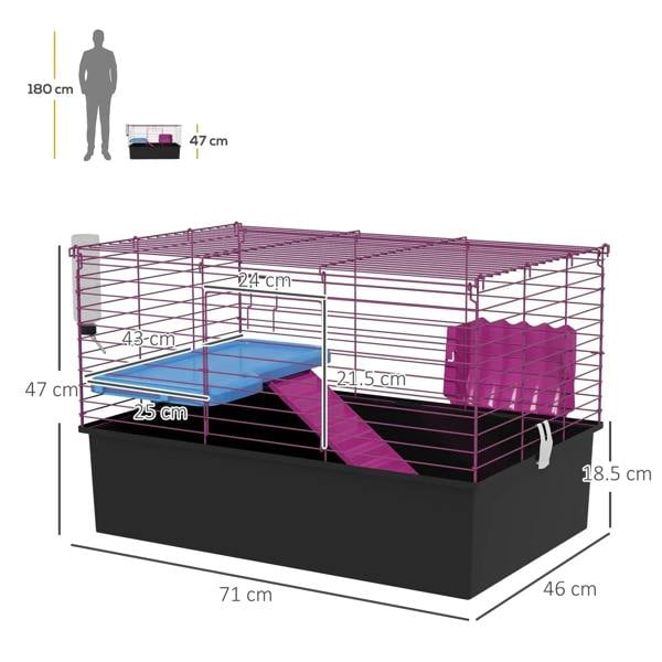 Freestanding small animal cage with purple frame, blue ramp, platform and magenta hide