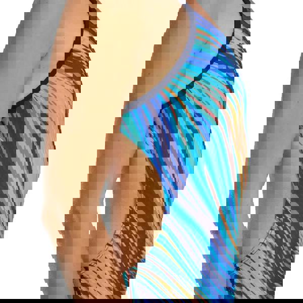 Teal and orange TYR Riptidal Durafast Elite cutout swimsuit with stripes