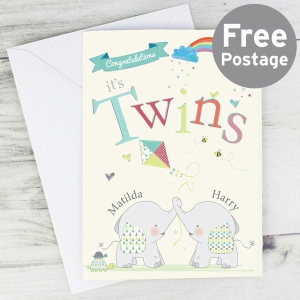 Personalised Memento Company Personalised Hessian Elephant Twins Card